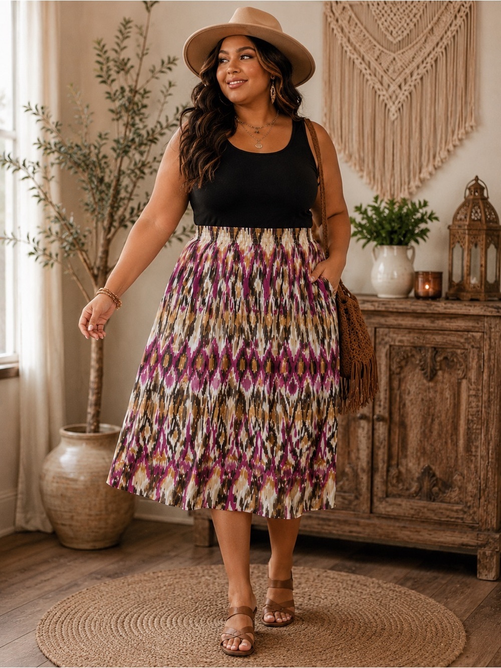 Alfred Dunner Skirt Womens 18 Multicolor Boho Abstract Pull On Midi Plus Size